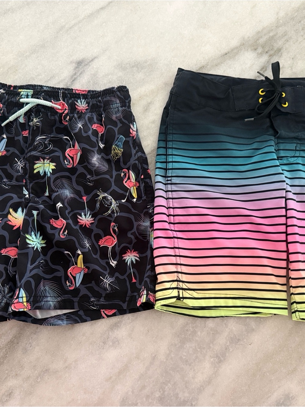 Kids Black Flamingo Print and Multicolor Stripe Swim Trunks, Size 8